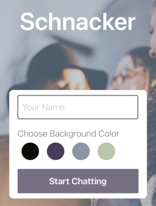 Image of Schnacker App Start Screen with name input and start chatting button