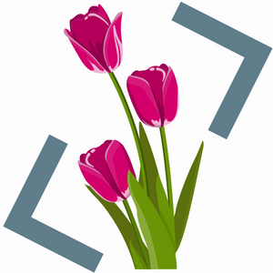 Logo of pink tulips between blue coding tags on a white background